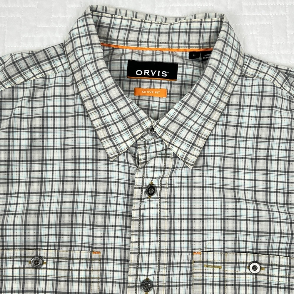 ORVIS Active Fit Button Up Shirt Plaid Short Sleeve Mens Sz L Hiking Gorpcore